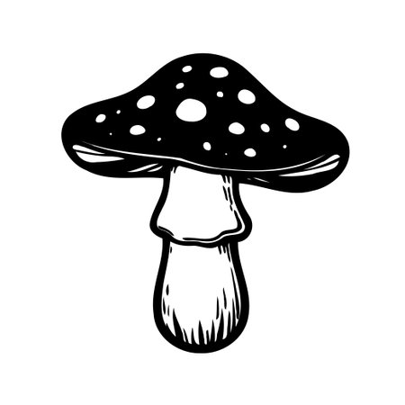 A black and white illustration of a single mushroom with a spotted cap and textured stem.のイラスト素材