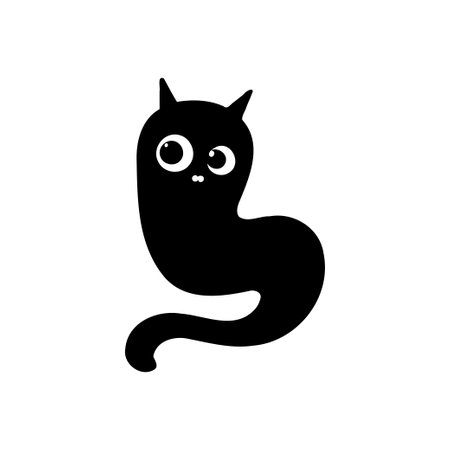 A black cartoon cat illustration with large white eyes and a long tailのイラスト素材