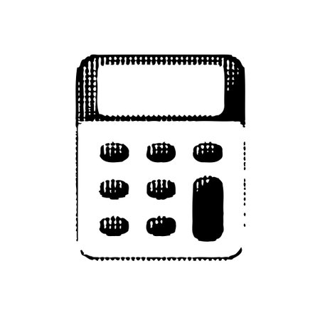 A black and white hand-drawn style illustration of a calculator with display and buttons.のイラスト素材