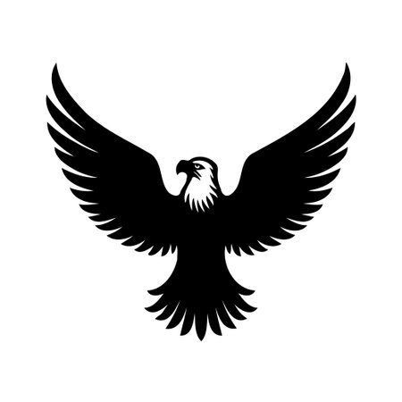 A black silhouette of a bald eagle is isolated against a white backdrop with its wings spread.のイラスト素材