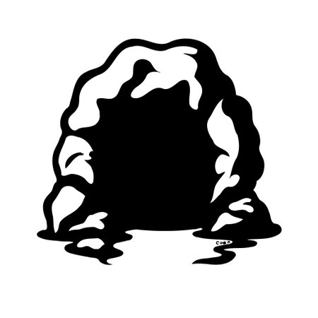A black and white illustration of a cave entrance with dark shadows and a rocky appearance.のイラスト素材