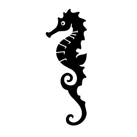 A black silhouette of a seahorse, side view, isolated on a white background.のイラスト素材