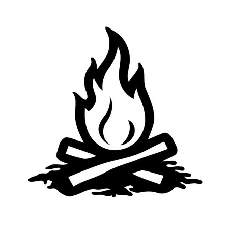 A black and white vector illustration of a bonfire, stylized as an icon or a logo, against a white backgroundのイラスト素材