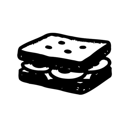 Black and white graphic illustration of a sandwich with visible layers. Perfect for menu design.のイラスト素材