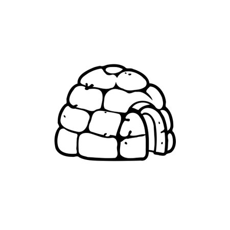 A black and white cartoon drawing of an igloo. The igloo is made of ice blocks with a rounded entrance.のイラスト素材