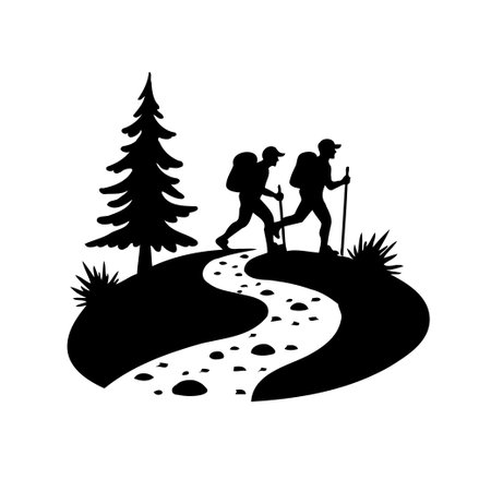 Two hikers with backpacks use sticks on a path in nature. Isolated vector illustration.のイラスト素材