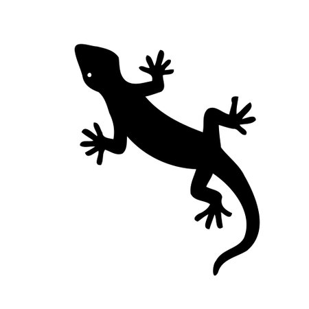 A black silhouette of a gecko lizard with its legs and tail displayed against a white background.のイラスト素材