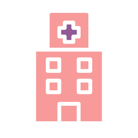 A vector illustration of a pink hospital building with a purple medical cross symbol on top.のイラスト素材
