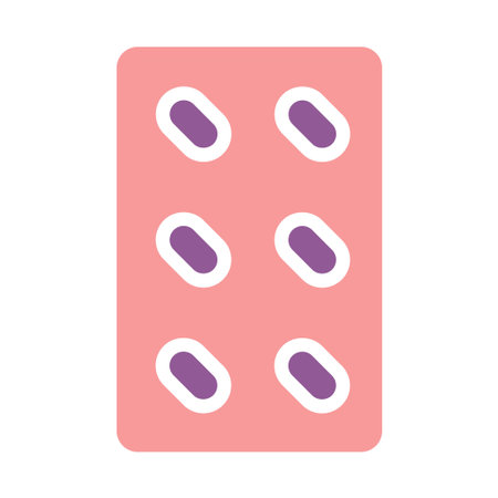 A pink blister pack contains six purple oblong pills, typically used for medicine or vitamins.のイラスト素材