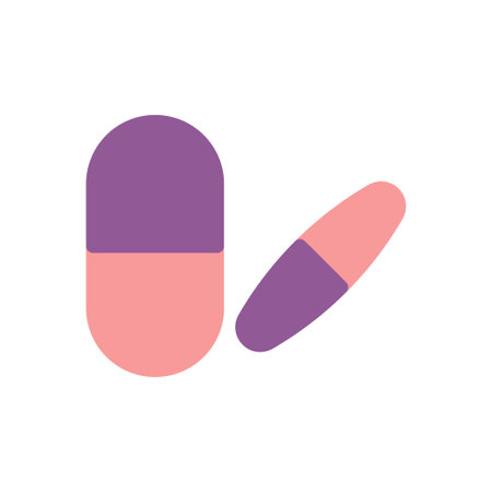 Minimalist illustration of two pills in pink and purple against a white background. Depicting medicine or supplements.のイラスト素材