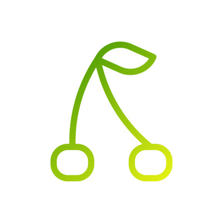 A minimalist icon of two cherries connected by a stem with a leaf, in green with a subtle gradient.のイラスト素材