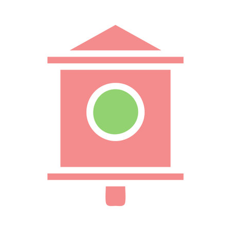 A pink birdhouse with a green circular window, rendered in a flat, minimalist style. Perfect for use as an icon or graphic element.のイラスト素材