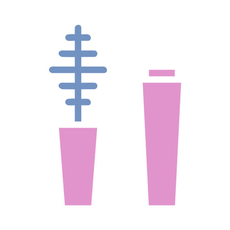 A flat vector illustration of a mascara brush and container on a white background. The brush is blue and the container is pink.のイラスト素材