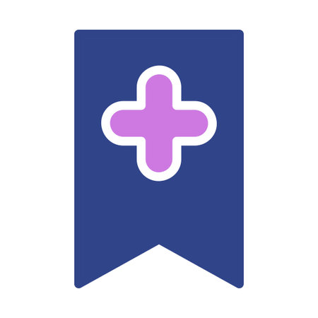 A flat icon illustration of a purple cross on a blue bookmark or banner.のイラスト素材