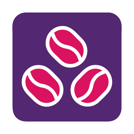 Three stylized coffee beans with a white outline are displayed on a rounded square purple background.のイラスト素材