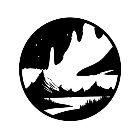 A black and white silhouette graphic of a moose with mountains, lake, and stars in a circle.のイラスト素材