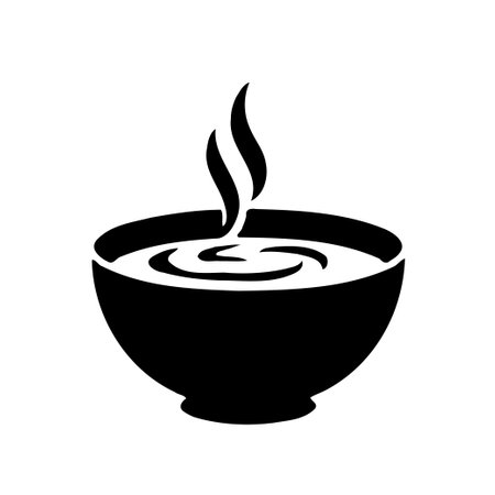 A black silhouette icon of a bowl of hot soup with steam rising from it.のイラスト素材