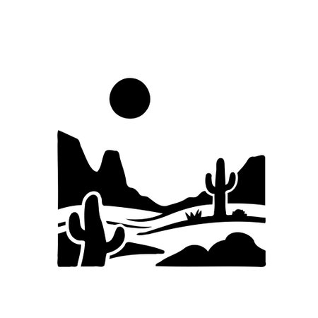 A minimalist black and white vector illustration of a desert landscape with cacti and the sunのイラスト素材