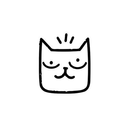 A black and white hand-drawn style illustration of a cat with a grumpy expression. Simple line art design.のイラスト素材
