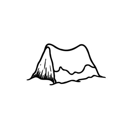 A hand drawn black outline illustration of a mountain on a white background.のイラスト素材