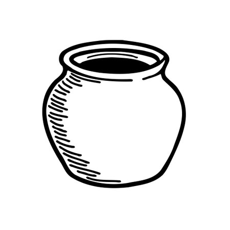 A hand-drawn, black and white illustration of a simple pot with a round shape, isolated on a white background.のイラスト素材