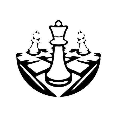 A stylized black and white drawing of a chess queen and two pawns on a chess boardのイラスト素材