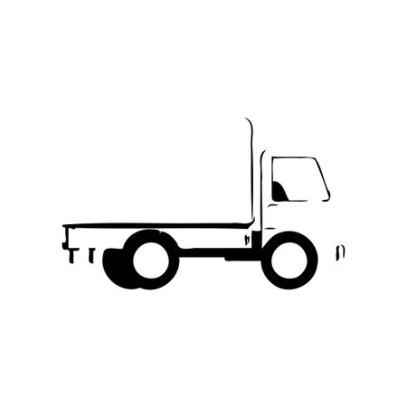 A simple black silhouette of a small flatbed truck on a white background. The image is a graphic representation of a transport vehicle.のイラスト素材