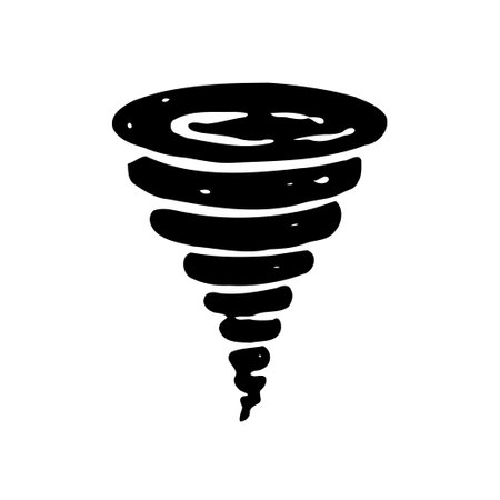 A black and white stylized drawing of a tornado, showing a swirling vortex shape.のイラスト素材