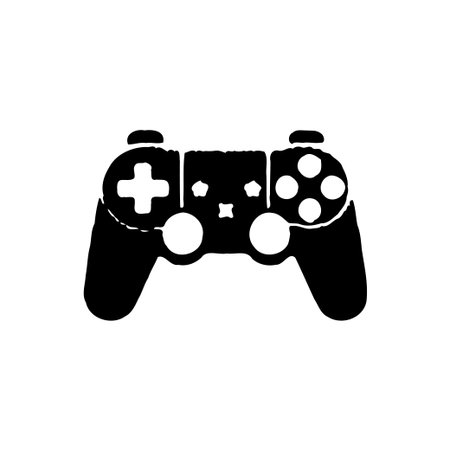 A black game controller is centered on a white background. It is a graphic illustration, perfect for...