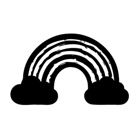 A hand drawn monochrome vector illustration of a rainbow with two clouds below in black and white.のイラスト素材