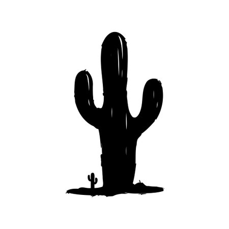 A black silhouette of a cactus with a smaller cactus near the bottom. The background is white.のイラスト素材