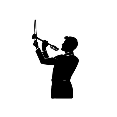 A black silhouette of a man playing the trumpet against a white background.のイラスト素材