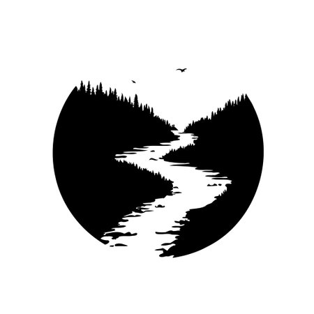 A black and white circular design showing a winding river between silhouetted trees with two flying birds.のイラスト素材