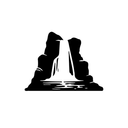 A black silhouette of a waterfall is flowing down between two rocky mountainsのイラスト素材