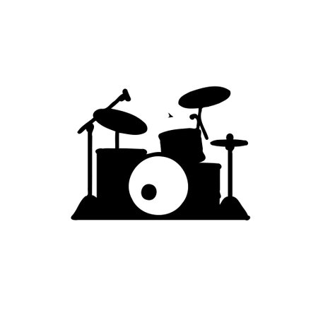 A black silhouette of a drum set is shown against a white background.のイラスト素材