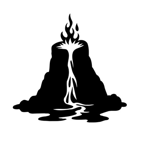 Black silhouette of an erupting volcano with flames and lava flowing down the sidesのイラスト素材