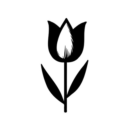 A simple, stylized black and white drawing of a tulip flower.のイラスト素材