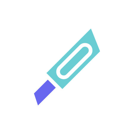 A stylized vector icon of a scalpel featuring a teal body and a purple blade, isolated on a white background.のイラスト素材