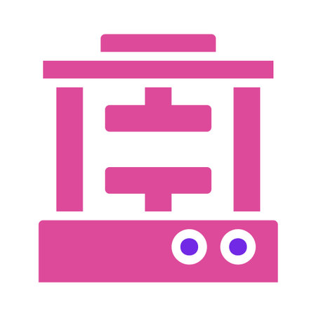 A pink icon of a press machine with two blue buttons, on a white background.