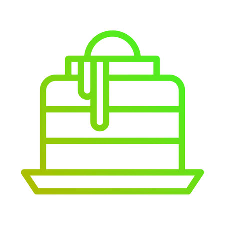 A gradient green icon of a layered cake slice with syrup on a white background.のイラスト素材