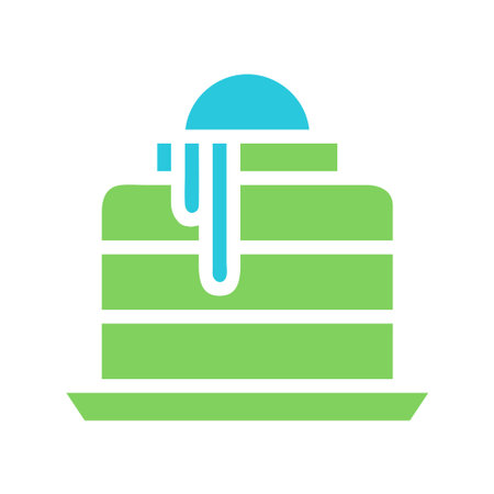 A vector graphic of a slice of layered cake with creamy blue topping, on a green plate and white...