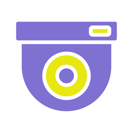 A purple and yellow security camera icon. It has a flat design, a rounded shape and a circle in the...