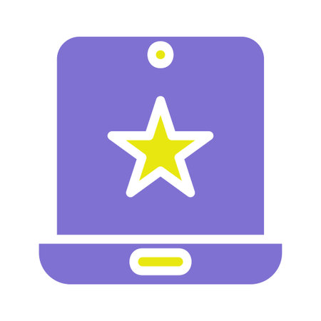 A purple tablet displays a yellow star and button on its screen. Flat design icon representing digital technology.のイラスト素材