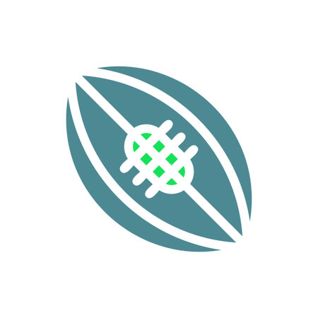 A stylized cocoa pod with a hatched green center is depicted against a white background. The pod is teal and has white lines.のイラスト素材