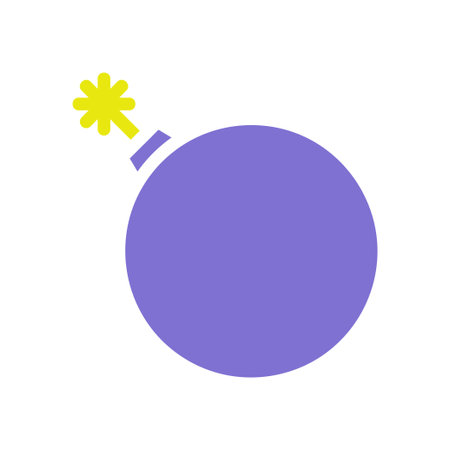A simple graphic design of an isolated purple cartoon bomb with a yellow fuse on a white background.