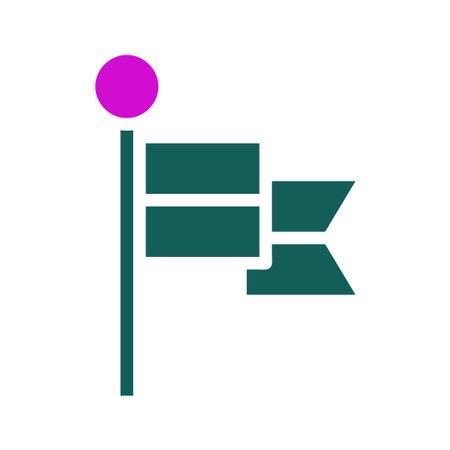 A vector graphic of a green flag with a pink circle on top of the pole, isolated on a white...