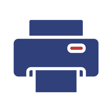 A minimalist illustration of a blue printer machine, with a paper sheet coming out. Modern office...