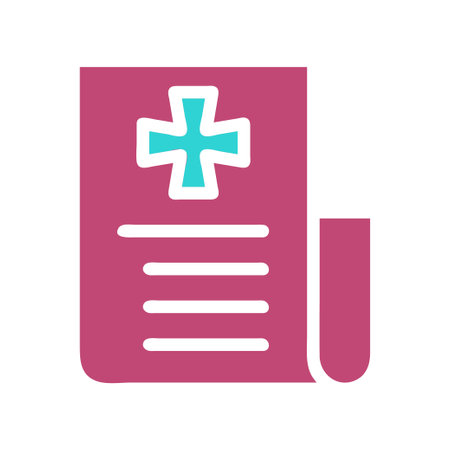 A medical report icon with a plus sign in flat design. Symbolizes healthcare records and patient information.のイラスト素材