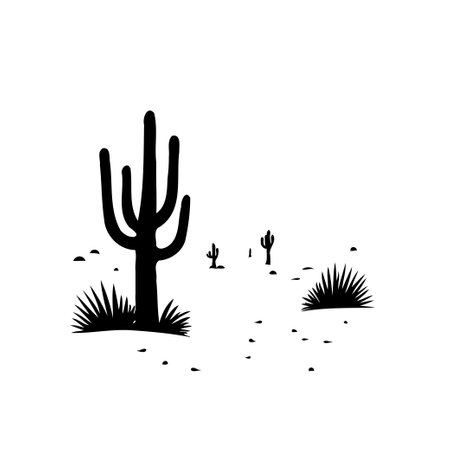 A black and white illustration of a desert landscape with cactus plants. The minimalist design evokes a sense of arid beauty.のイラスト素材