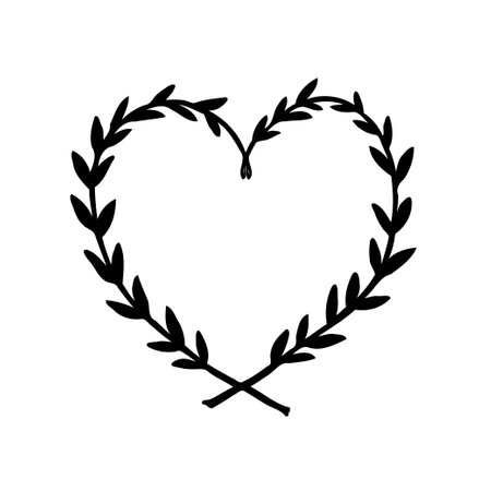 A decorative heart-shaped frame made of leaves and branches. Perfect for wedding invitations, cards, and romantic designs.のイラスト素材